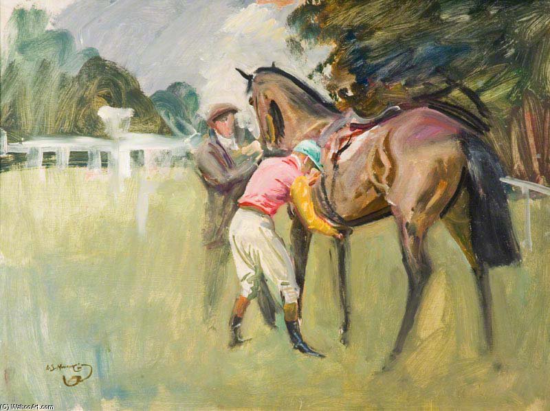 Sir+Alfred+James+Munnings-Unsaddling+Of+A+Bay+Racehorse,+Stanley+Wooton+Colours.JPG - Alfred  James