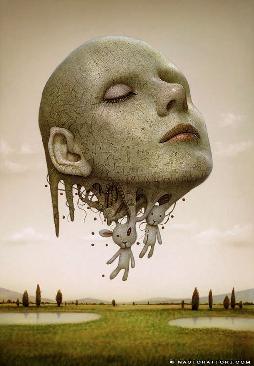 A-floating-head-melts-into-bunny-rabbits-in-this-surrealist-painting-by-Naoto-Hattori.jpg - Naoto  Hattori