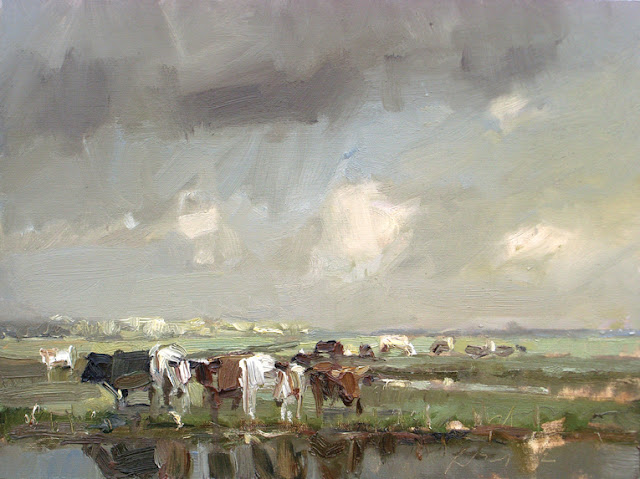 Roos Schuring Landscape spring _20 First cows of spring and rain 30x20.jpg - Roos  Schuring