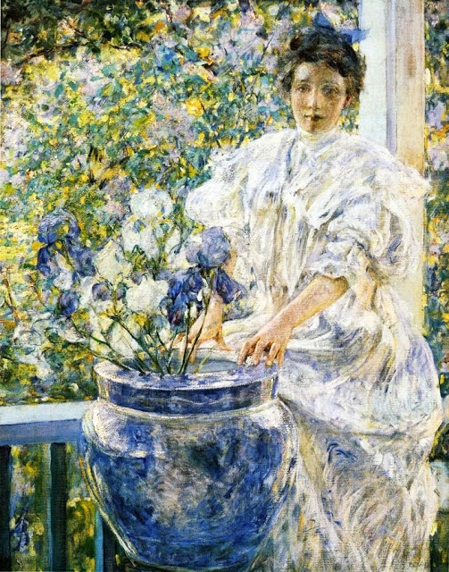 Robert Lewis Reid (1862-1939), Woman on a Porch with Flowers 1906[1].jpg - Robert  Lewis  Reid