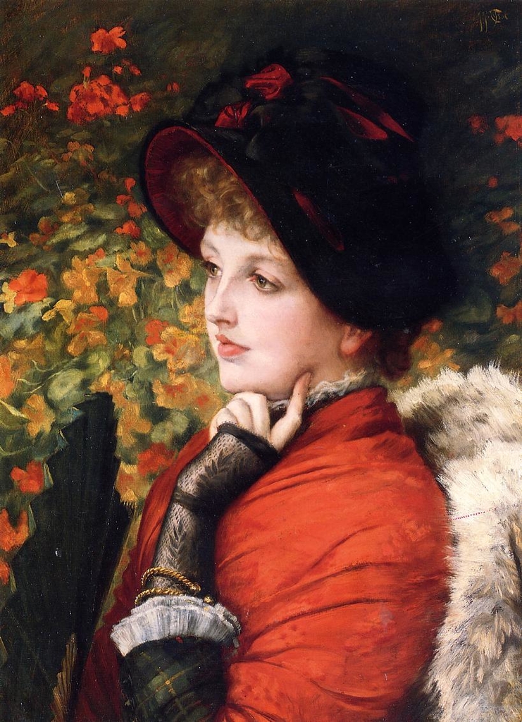 type-of-beauty-portrait-of-mrs-kathleen-newton-in-a-red-dress-and-black-bonnet-1880.jpg - James  Tissot