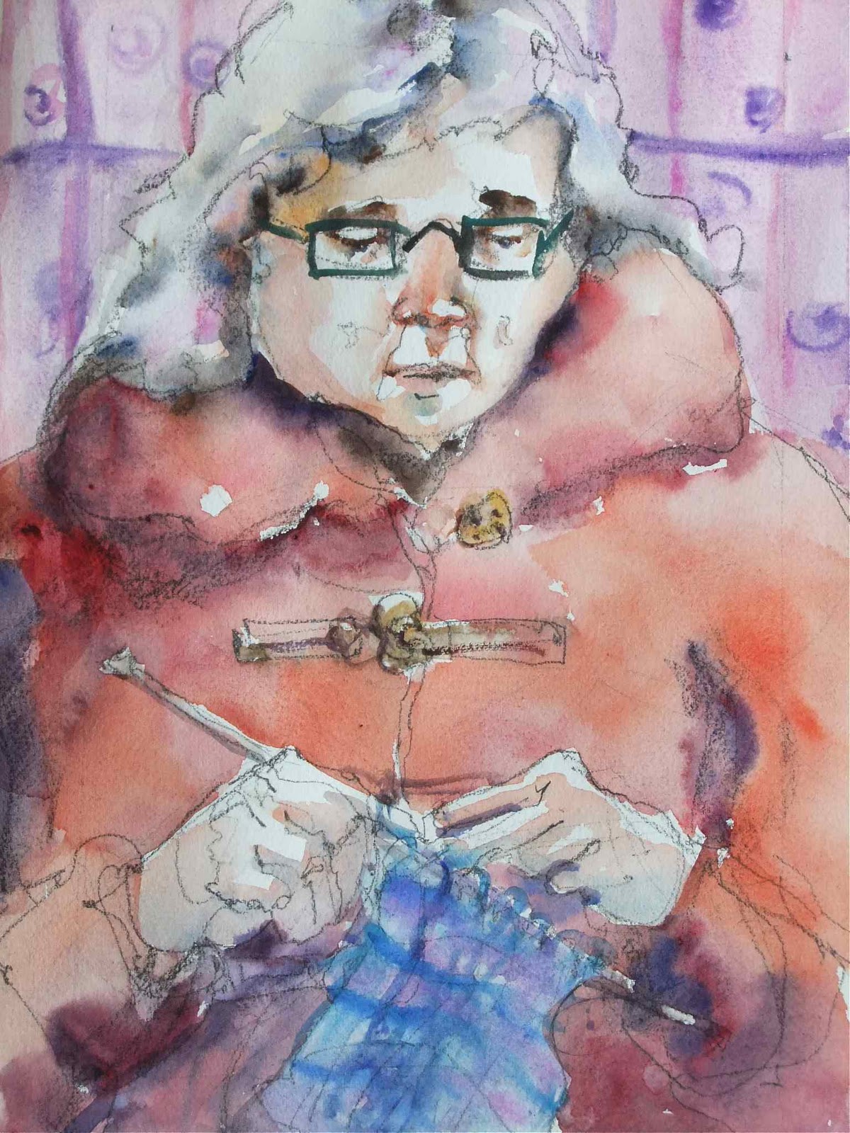watercolour portrait watercolor macphail red coat knitting.jpg - Nora  Mac  Phail  (02)