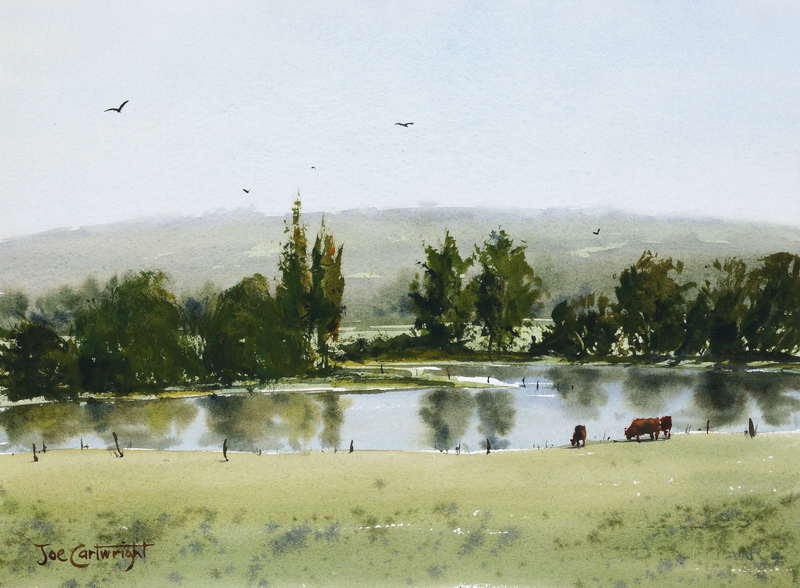 Plein-air-watercolor-painting-of-Pond-reflections-with-cows-and-hills-and-trees.jpg - Joe  Cartwright