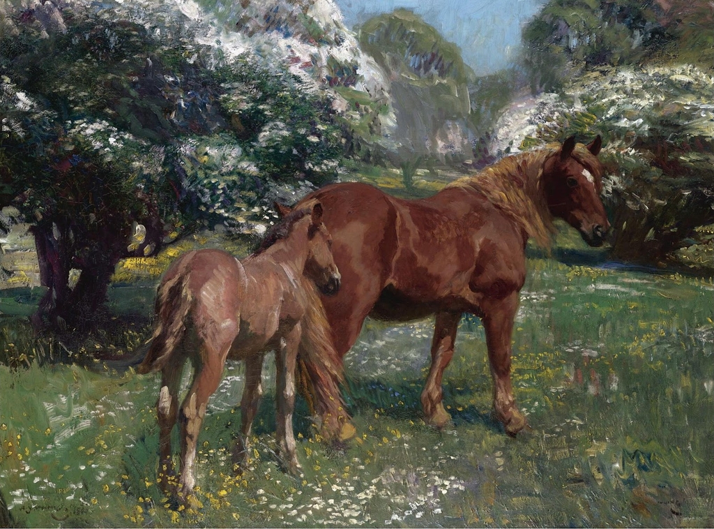 Alfred James Munnings - Mare and Foal in a Spring Meadow, 1909.jpeg - Alfred  James