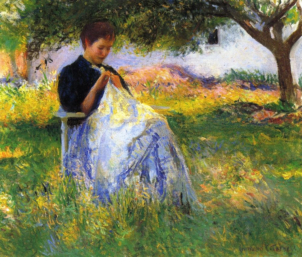 Edmund Charles Tarbell - A Girl Sewing in an Orchard.jpg - Zdmund  Charles  Tarbell