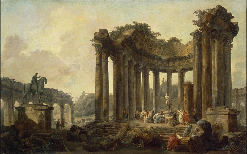 Hubert_Robert_-_Landscape_with_the_Ruins_of_the_Round_Temple,_with_a_Statue_of_Venus_and_a_Monument_to_Marcus_Aurelius.jpg - Hubert  Robert