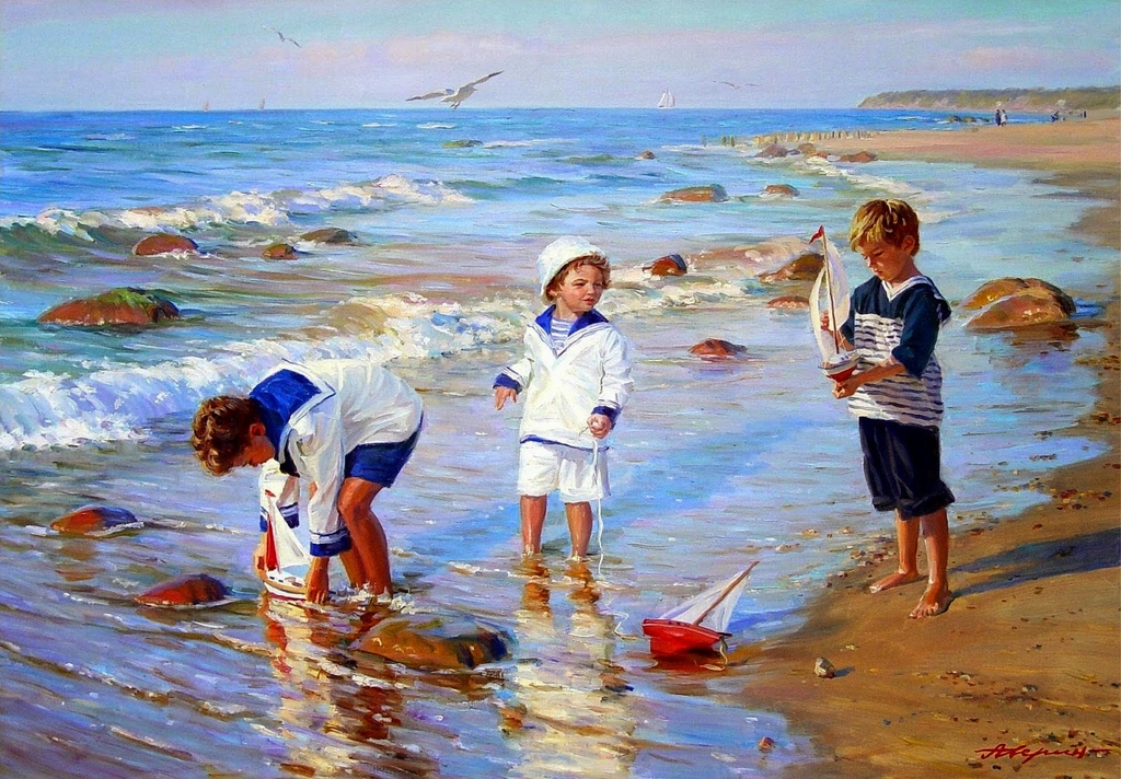 ALEXANDER AVERIN NICOLAJEVICH - Cena de praia com garotos brincando - Óleo sobre tela - 70 x 100.jpg - Alexander  Averin